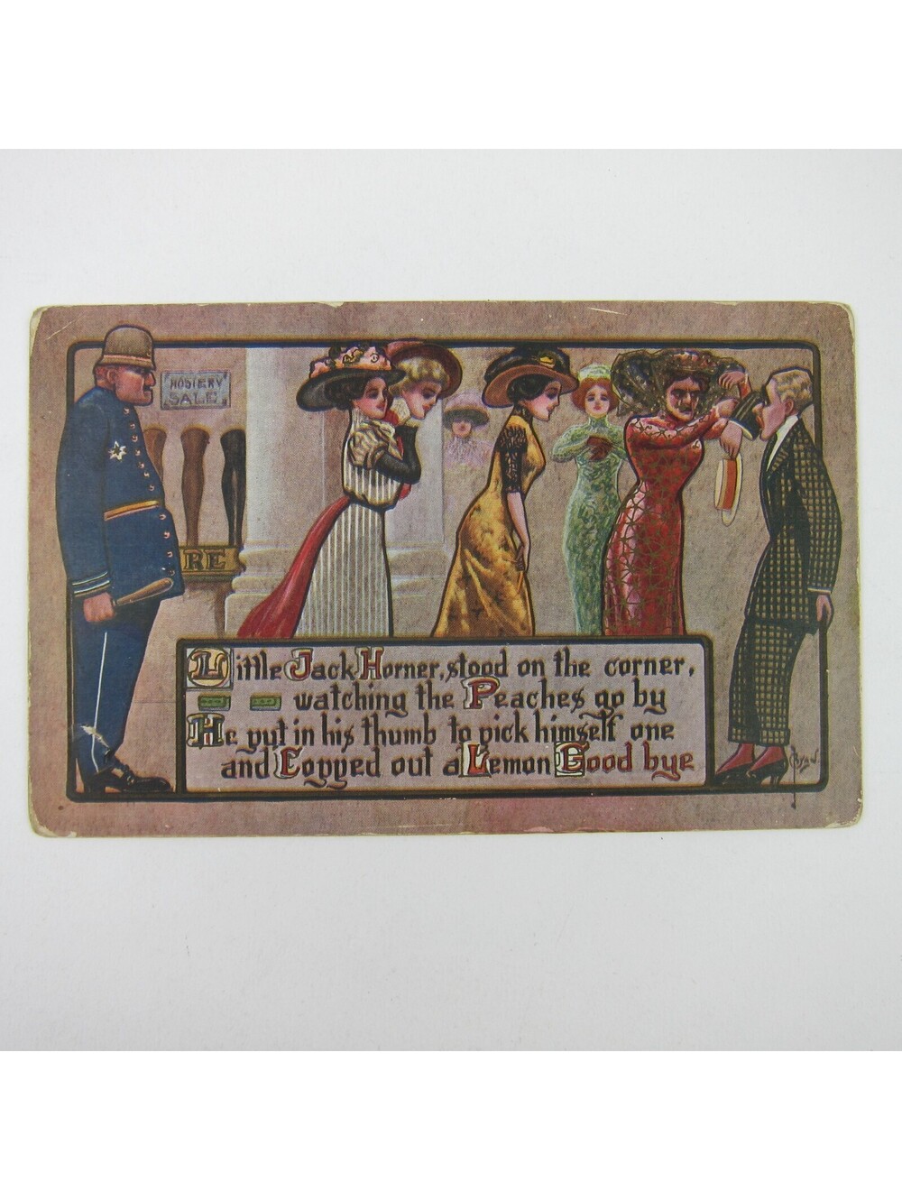 Postcard Comic Humor Police Officer Women Beat Man Little Jack Horner Antique